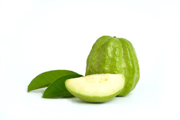 Green crystal guava raw fruit and sliced with leaves  isolated on a white background