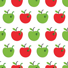 Fresh red and green apples with worm, cute vector cartoon seamless pattern background.