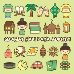 Hari Raya Aidilfitri icon set template with muslim family, wooden house, cow, cresent moon, mosque, pelita, fireworks, car, kuih, oil lamp, ketupat (rice dumpling). (translation: Happy Fasting Day)