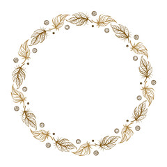 Vector round frame with boho style feathers and beads decoration