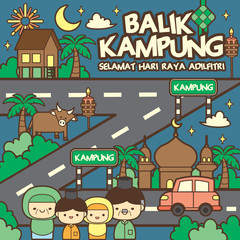 Balik Kampung / Hari Raya Aidilfitri celebration scene greetings template with muslim family, wooden house, cow, cresent moon, mosque, pelita, fireworks, car. (translation: Return Home Reunion)