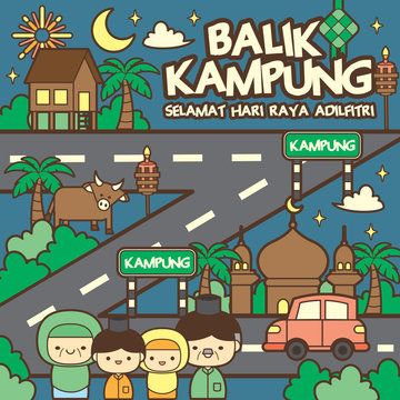 Balik Kampung / Hari Raya Aidilfitri Celebration Scene Greetings Template With Muslim Family, Wooden House, Cow, Cresent Moon, Mosque, Pelita, Fireworks, Car. (translation: Return Home Reunion)