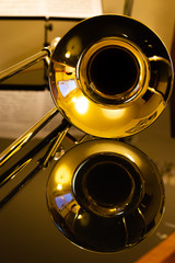 closeup of tenor trombone on the table