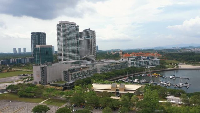 4K Aerial view of Modern mix development building near lakeside. Iskandar Puteri, Johor Bahru