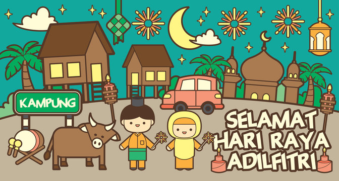 Hari Raya Aidilfitri celebration scene greetings template with wooden house, cow, cresent moon, mosque, pelita, fireworks, car, ketupat (rice dumpling). (translation: Happy Fasting Day