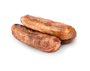 Sun-dried bananas on a white background. Dried bananas close-up.