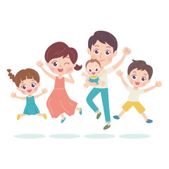 Illustration of a family of five jumping happily
