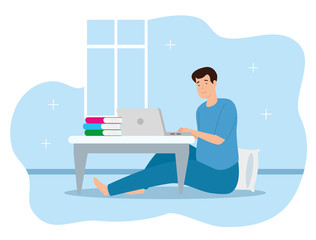 campaign stay at home with man working telecommuting vector illustration design