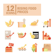 rising food prices, market commerce icons set flat style icon