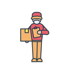 delivery man standing and holding a box and report clipboard icon, line and fill style