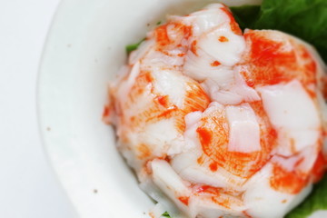 Japanese food, fake crab Kamaboko in bowl with lettuce for healthy food ingredient