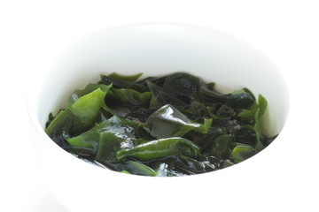 soaked wakame seaweed in water for healthy food ingredient