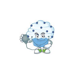 A dedicated Doctor vanilla blue cupcake Cartoon character with stethoscope