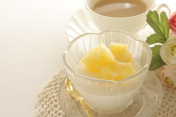 Homemade pineapple and almond tofu with copy space