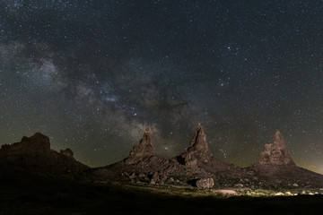 Milky Way rising above tufa formations at Trona Pinnacles, California