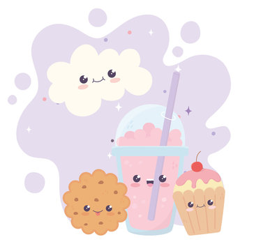 Cute Milkshake Cookie Cupcake Cloud Kawaii Cartoon Character