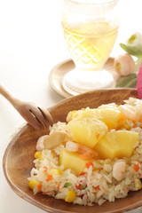 Chinese food, pineapple fried rice with copy space on white background