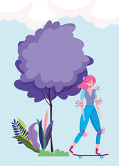 eco friendly transport, woman skateboard with protective equipment