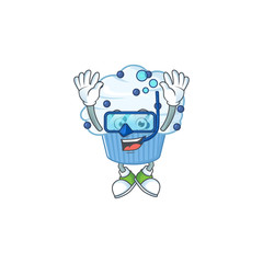 Mascot design concept of vanilla blue cupcake wearing Diving glasses