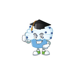 Mascot design concept of vanilla blue cupcake proudly wearing a black Graduation hat