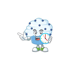 Vanilla blue cupcake mascot design concept holding a circle clock