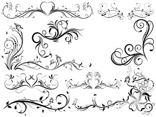 Set of vintage floral ornament, Hand drawn decorative element, vector illustration of floral element isolated on black background, design for page decoration cards, wedding, banner, frames