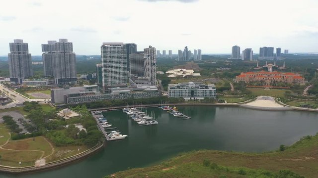 4K Aerial view of Modern mix development building near lakeside. Iskandar Puteri, Johor Bahru