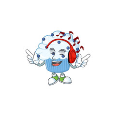 Cartoon mascot design vanilla blue cupcake enjoying music with headset