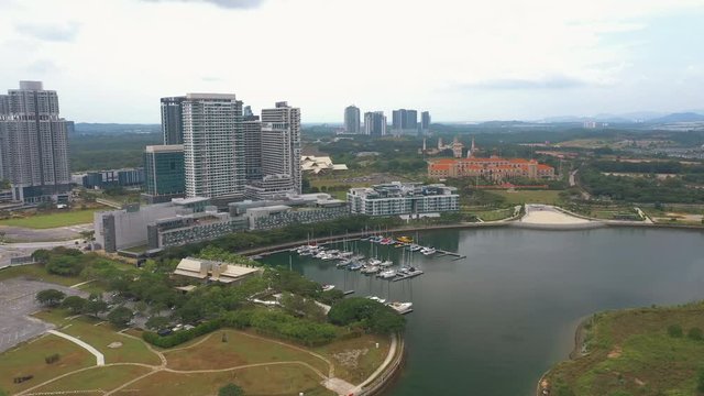 4K Aerial view of Modern mix development building near lakeside. Iskandar Puteri, Johor Bahru