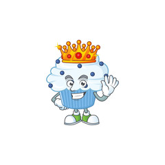 The Charismatic King of vanilla blue cupcake cartoon character design wearing gold crown