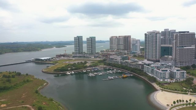 4K Aerial view of Modern mix development building near lakeside. Iskandar Puteri, Johor Bahru