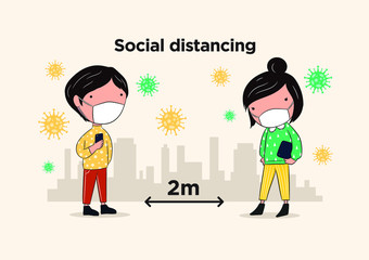 Social distancing, keep distance in public society people to protect from COVID-19 coronavirus outbreak spreading concept, Man and woman keep distance away in the meeting with virus pathogens.