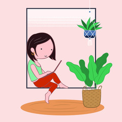 Woman work from home at little garden in her room protect from virus. little garden in yours room. Work from home for doctor. Coronavirus, covid-19 concept.