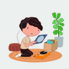 Young man who wearing headphone listening music with gramophone at living room. Illustrator vector design. Hand drawing illustrator style. Chill stay home. Coronavirus, covid-19 stay home stay safe.