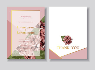 Greenery greeting/invitation card template design,Deep Pink hydrangea flowers with white background.Vector/ Illustration