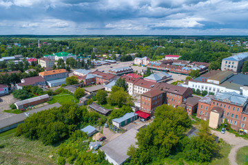 A view from the heights of the ancient provincial city of Kashin on a July day (aerial photography). Tver region, Russia