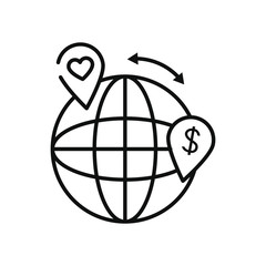 charity and donation concept, global sphere and location pins with heart and money symbol, line style