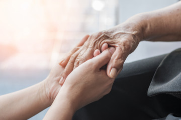 Parkinson disease patient, Alzheimer elderly senior, Arthritis person hand in support of nursing...