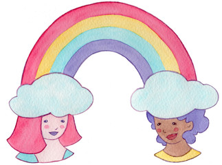 A Caucasian and African American black women friends look at each other, they smile, with heads in the clouds joined by 