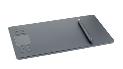 Black pencil on a black graphics tablet isolated on a white background.
