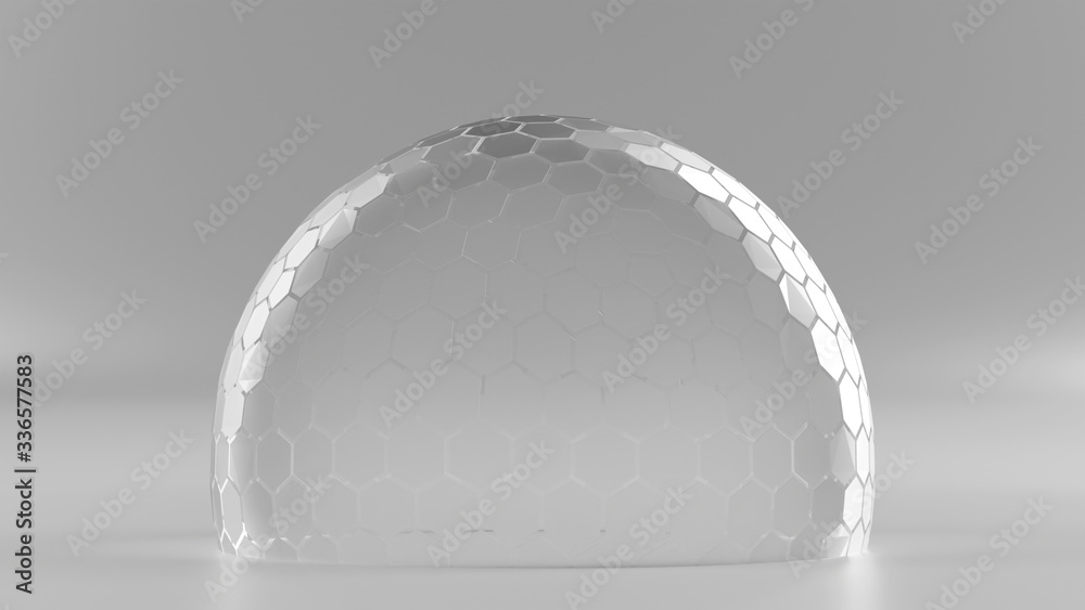 Poster 3d rendering of hexagon grid sphere nano shield in half tone color on reflection floor and dim light
