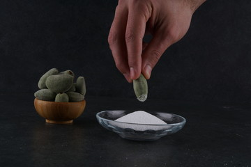 Raw fresh green almonds stock photo