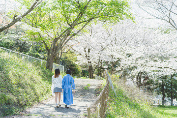 桜と女性