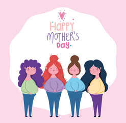 happy mothers day, cartoon characters women standing, lettering