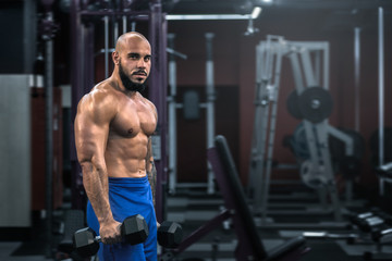 Fototapeta na wymiar Portrait of young healthy muscular man working out with dumbbells in gym