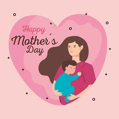 happy mother day card with woman pregnant carrying baby boy vector illustration design