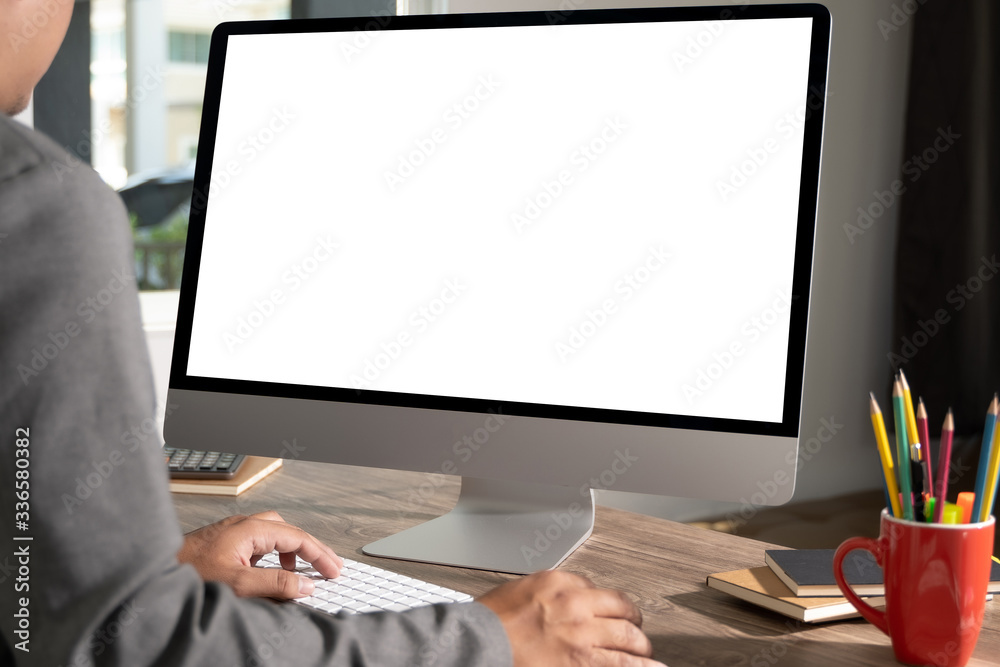 Poster laptop with blank screen on table. workspace background new project on laptop computer with blank co