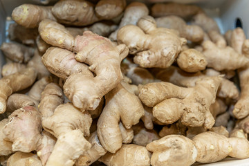Ginger on the counter in the store. Medication during the coronavirus pandemic. Close-up. Thor view. Background.