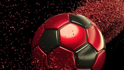 Fototapeta premium Black-Red Soccer ball with Green Rotating Particles under Black-Yellow Background. 3D sketch design and illustration. 3D high quality rendering.