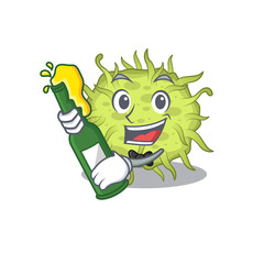 Mascot character design of bacteria coccus say cheers with bottle of beer
